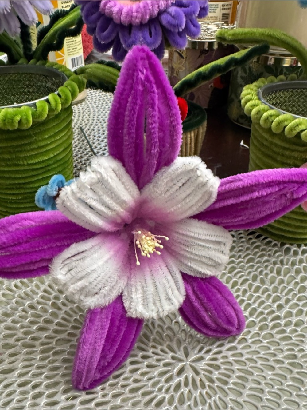 Handcrafted Purple and pipe cleaner White Faux Flower Accent -